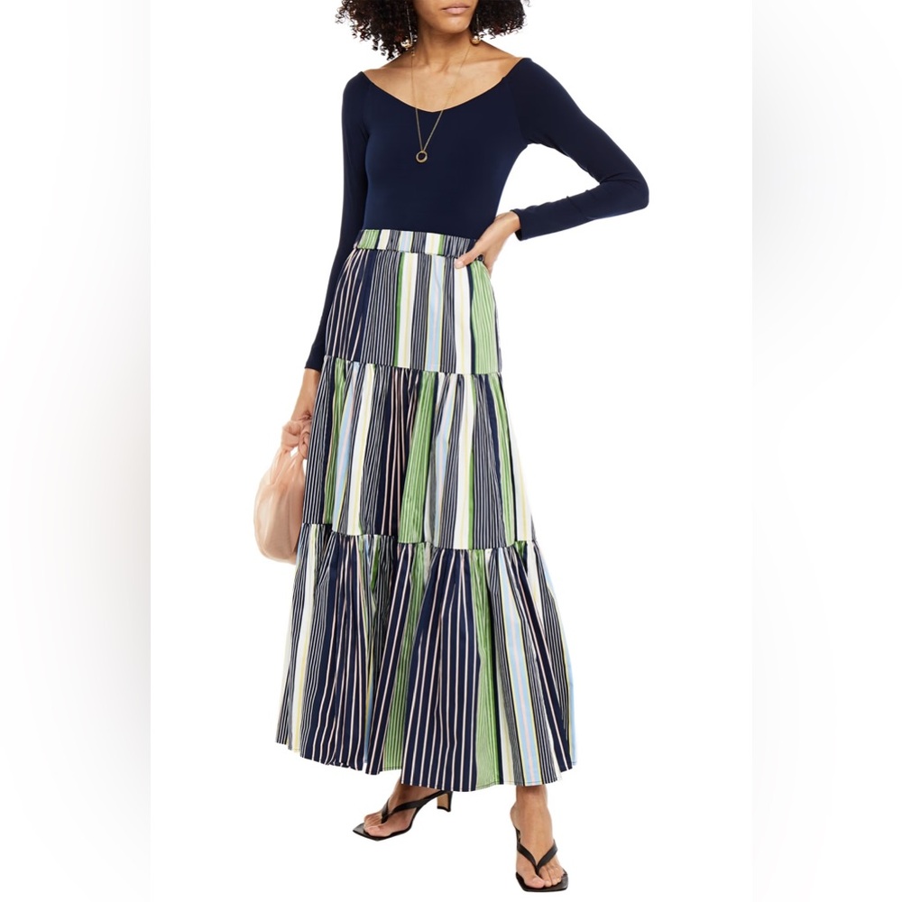 Tory Burch Navy and Green Striped Maxi Skirt